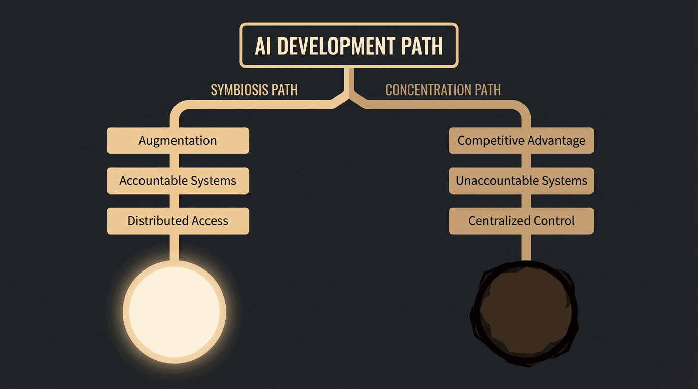 AI development paths: symbiosis (augmentation, accountable, distributed) vs concentration (competitive advantage, unaccountable, centralized)