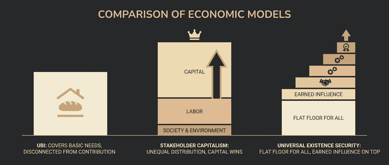 Economic model comparison: current capitalism, welfare state, Equiplurism