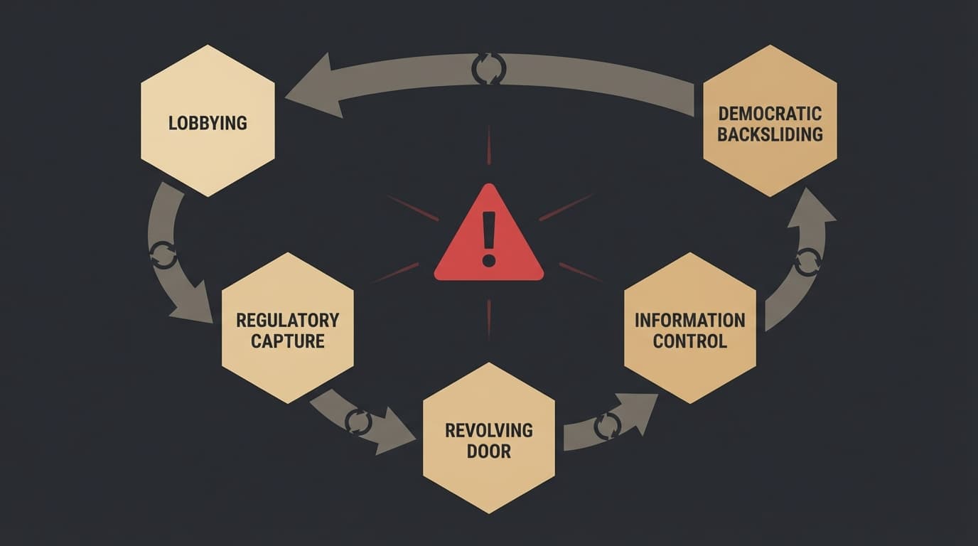 Democratic decay feedback loop: lobbying leads to regulatory capture, revolving door, information control, and democratic backsliding