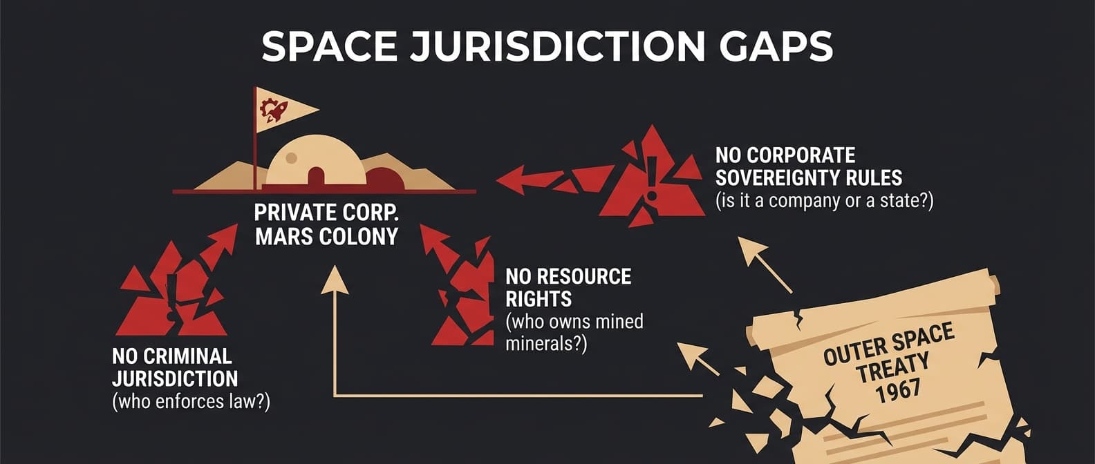 Space jurisdiction gaps: no criminal jurisdiction, no resource rights, no corporate sovereignty rules under Outer Space Treaty 1967