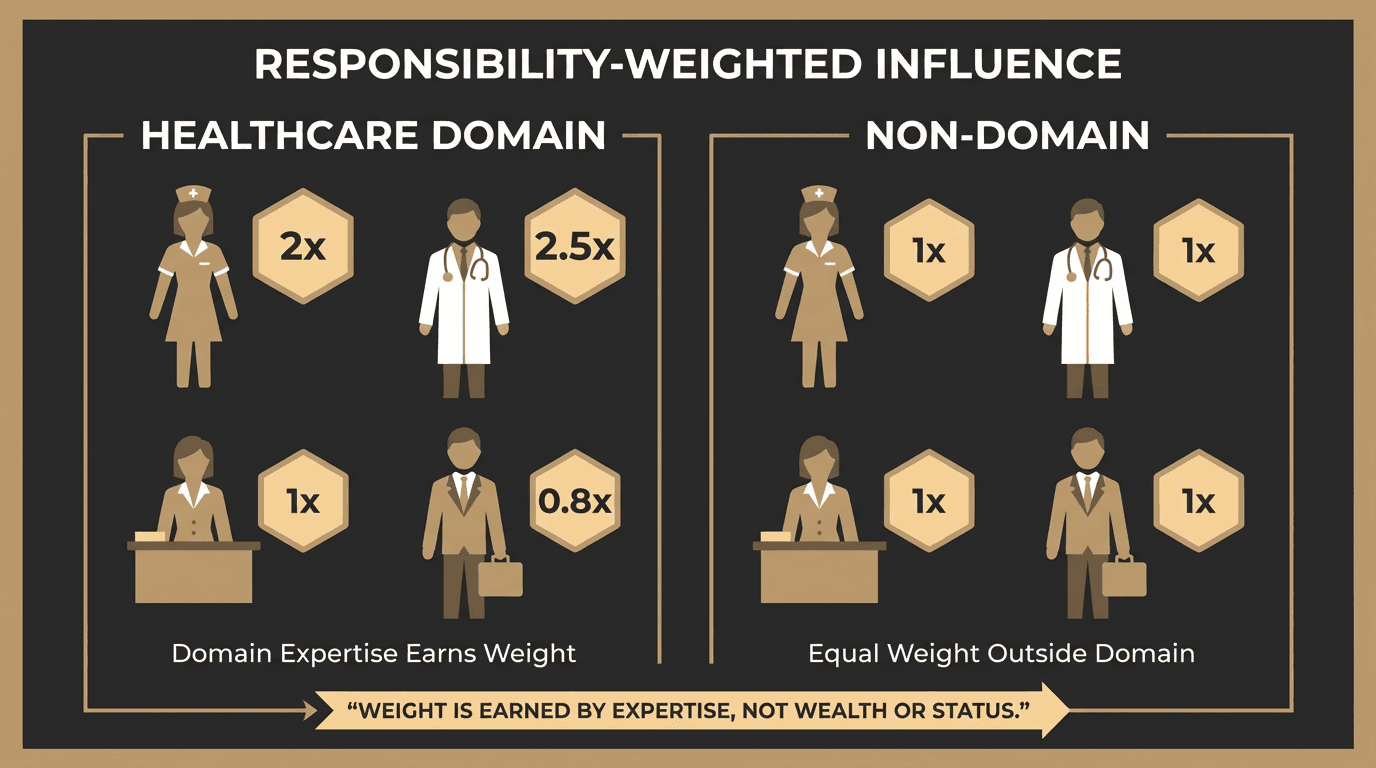 Responsibility-weighted influence: domain experts have more weight within their domain, equal weight outside it